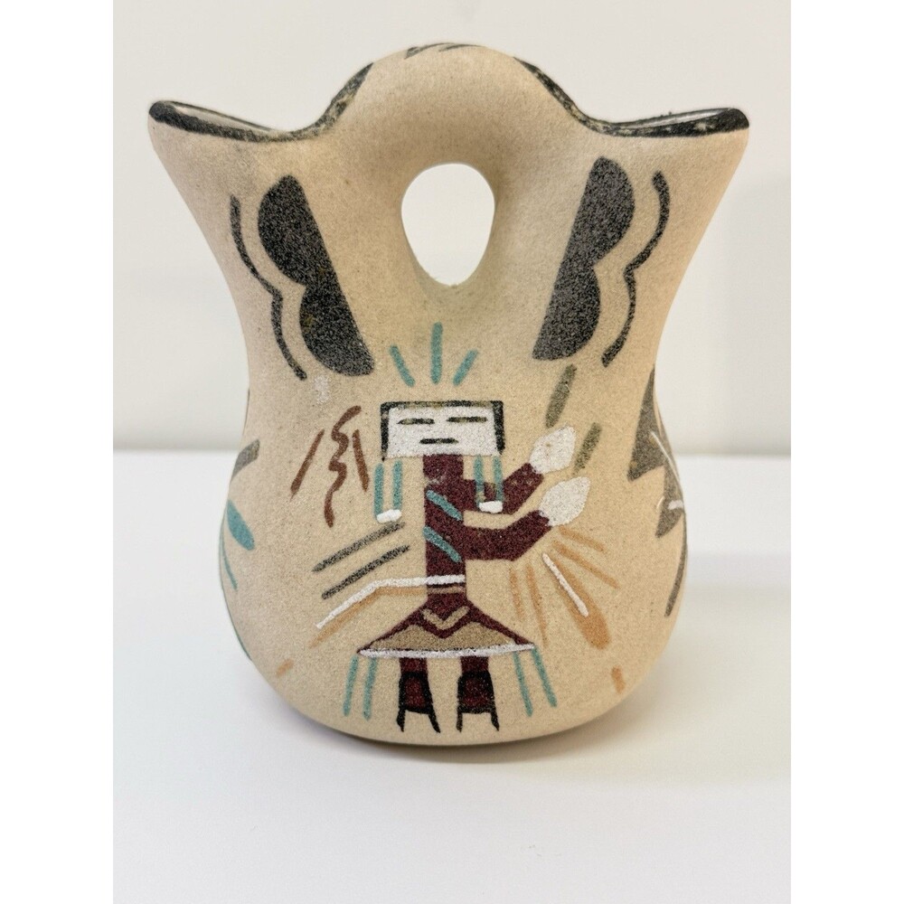 Vintage Southwestern Style Hand Painted Ceramic Double Handle Vase 6” x 5”